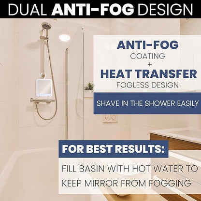 MIRRORVANA Dual Anti Fog Shower Mirror for Shaving, Shatterproof Fogless Design with Hook for Hanging - Fill Back Chamber/Reservoir with Hot Water for Fog-Free Shave - 8" x 7" (White)
