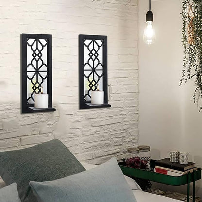 Wood Wall Sconce Candle Holder Set 2, Rustic, Wall-Mount, Farmhouse Hanging Wall Décor, Carved Wood Frame, Mirrored Candle Holder (Black)