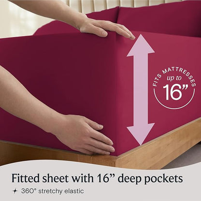 LuxClub 5 PC Split King Sheet Set, Breathable Luxury Bed Sheets, Deep Pockets Wrinkle Free Cooling Sheets Machine Washable Hotel Bedding Silky Soft - Burgundy Split King