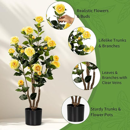 Artificial Camellia Tree 2 Pack, Artificial Plants Outdoor Faux Plant in Cement Pot Fake Yellow Silk Camellia Tree Plants for Home House Living Room Office Decor (Yellow (2 Pack))
