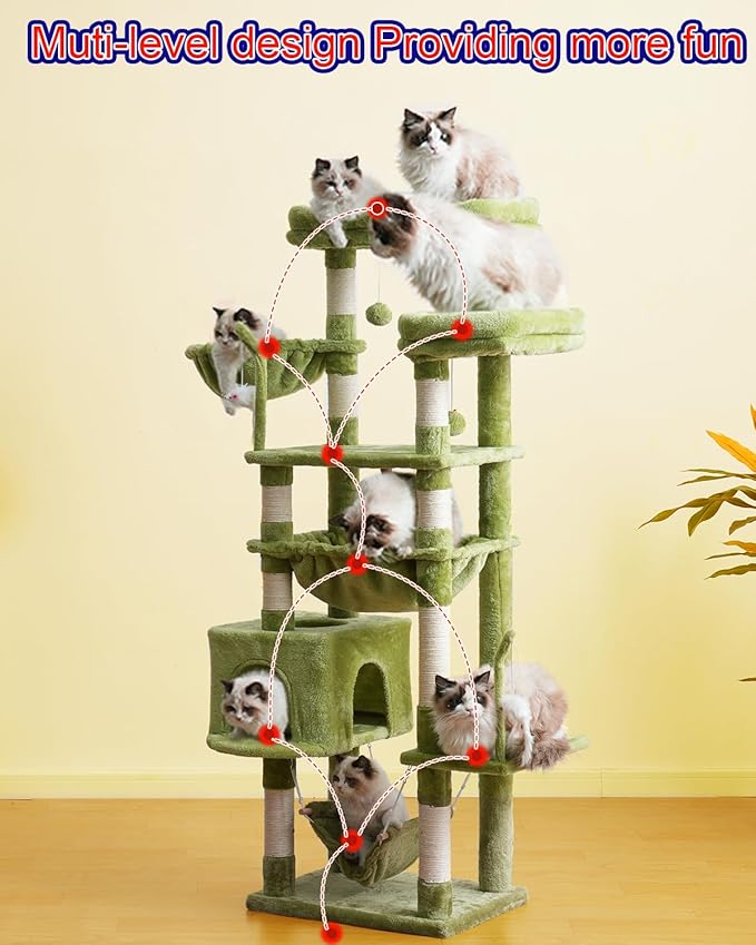 Cat Tree, Cat Tower for Large Cats with 2 Big Platforms, 2 Baskets, condo and Toys, 63" Cat Scratching Posts for Indoor Cats, Green GCT020GR-Mewly Pet