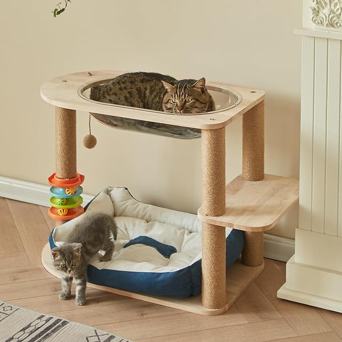 2 Tier Cat Tower,21.85 in cat Perch Wood cat condo with Hammock and Sisal Rope Scratcher Post Hanging Toy Balls for Indoor Large Cats Kittens (Blue)-Mewly Pet