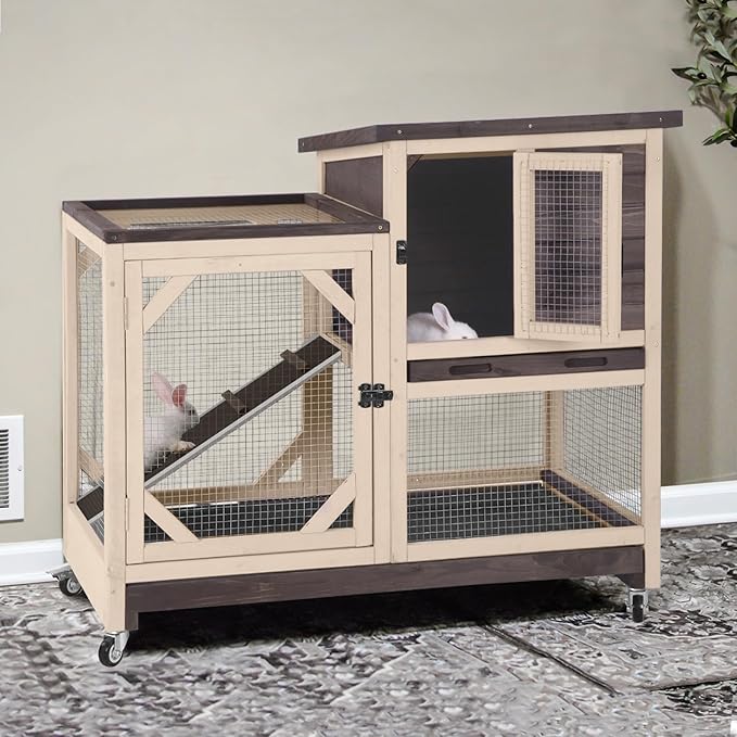 GUTINNEEN 2-Story Rabbit Hutch with Chew-Proof Ramp & Pull-Out Trays - Indoor/Outdoor 39.3" Wooden Rabbit Cage on Wheels for Rabbits, Guinea Pigs (Dark Brown)-Mewly Pet
