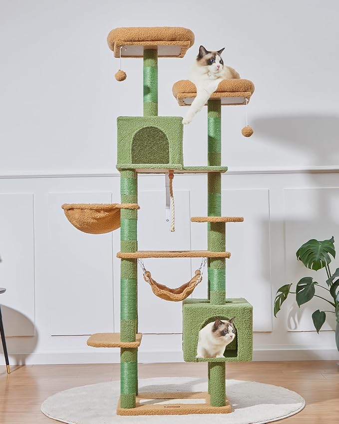 Taoqimiao Cat Tree, 71-Inch Cat Tree Cat Tower for Indoor Cats, Plush Multi-Level Cat Condo with 10 Scratching Posts, 2 Perches,Basket, 2 Caves,Hammock, 2 Pompoms,MS020T Cactus-Mewly Pet