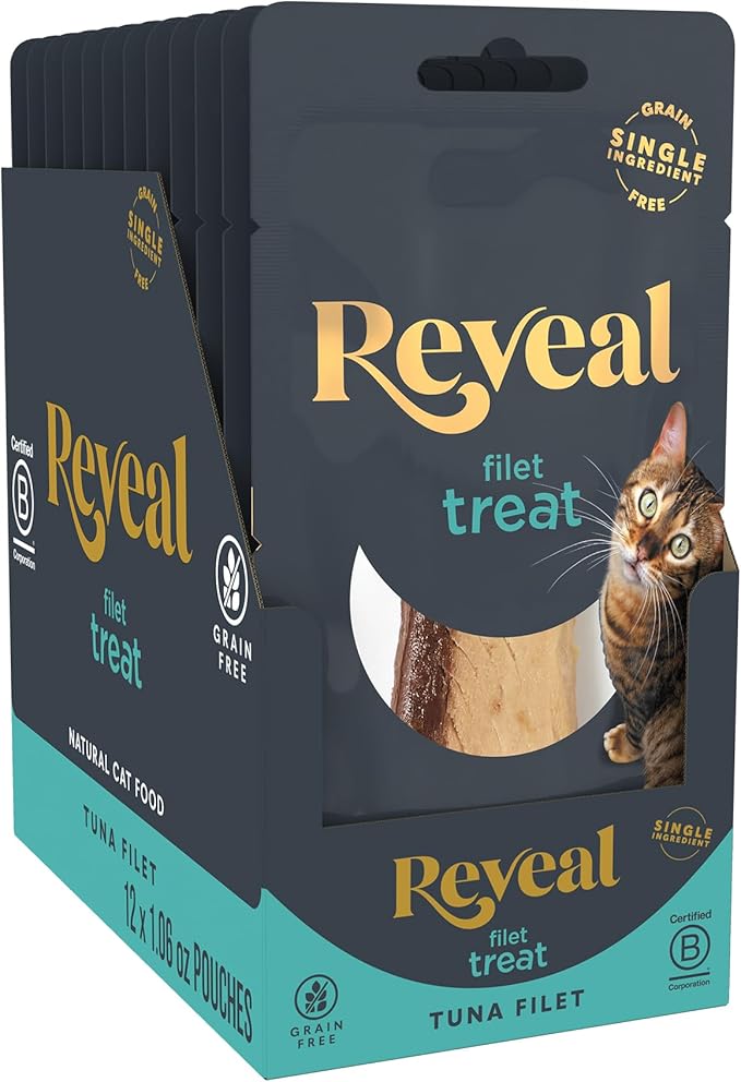 Reveal Natural Whole Protein Fillet Cat Treats, Single Ingredient, Grain Free, High Protein Treats for Cats, for Training, Treating, or Snacking, Whole Tuna Loin (12 x 1.06 oz Loin)-Mewly Pet