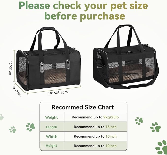 Petsfit 19x12x12 Pet Carrier for Large Cats (up to 20 lbs), Soft-Sided Small Dog Travel Carrier, Upgraded with Patented Buckle and Soft Padding, Ideal for Car Road Trips,Black-Mewly Pet