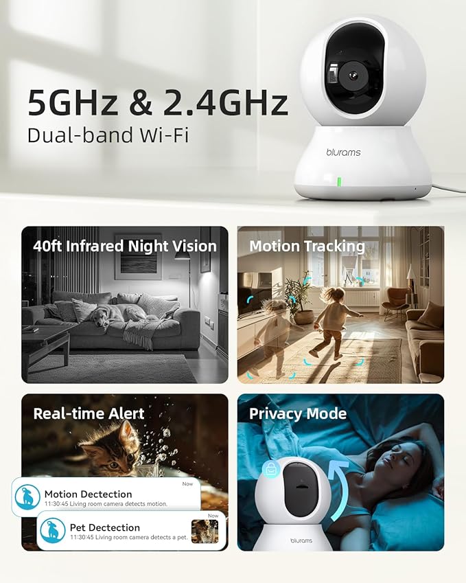 blurams Indoor Security Camera, 5GHz/2.4GHz Dual-Band, 2K PZT Pet Camera with Phone App, 360° Cameras for Home Security, 2-Way Audio, Motion Tracking, Night Vision, Siren, Cloud&SD-Mewly Pet