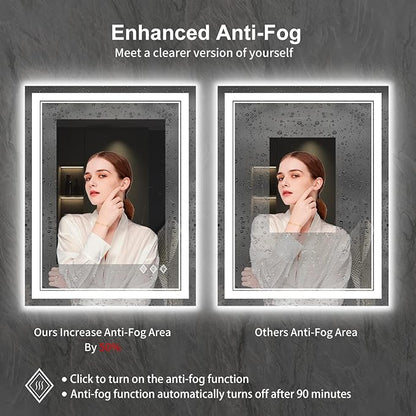 LED Bathroom Mirror, 24x32 Inch Gradient Front and Backlit LED Mirror for Bathroom, 3 Colors Dimmable CRI>90 Double Lights, IP54 Enhanced Anti-Fog, Hanging Plates Vanity Mirror with Lights