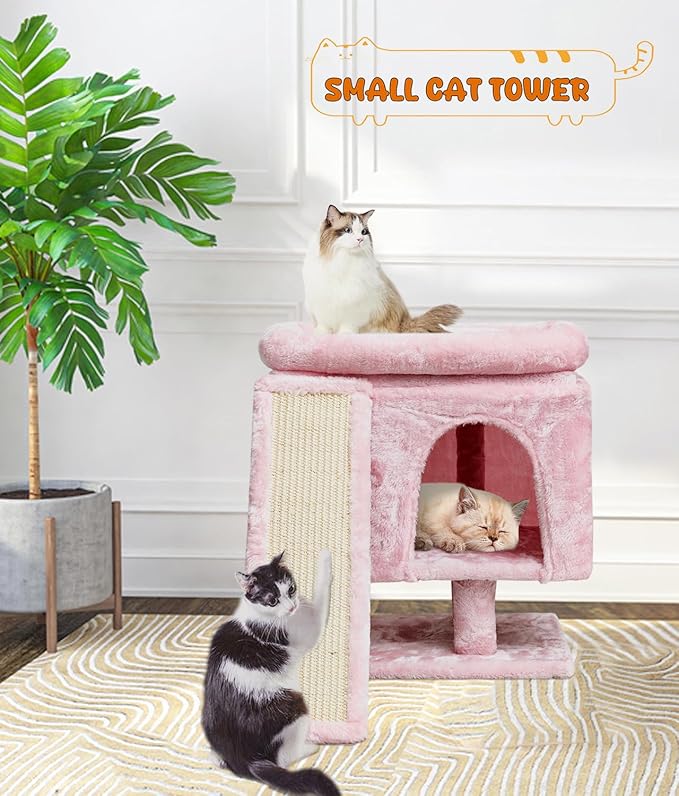 SYANDLVY Small Pink Cat Tree with Perch for Indoor Cats, Cat Tower with Scratching Post, Modern Activity House for Large Cats, Condo with Board, Kittens Cave-Mewly Pet