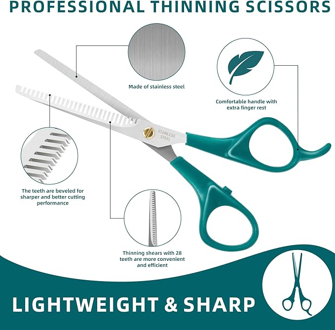 Professional 5 in 1 Pet Grooming Kit - Stainless Steel Dog & Cat Grooming Scissors with Rounded Tip Blades for Safe Fur Trimming, Thinning Shears, Straight Scissors, and Pet Comb (Green 5 in 1)-Mewly Pet