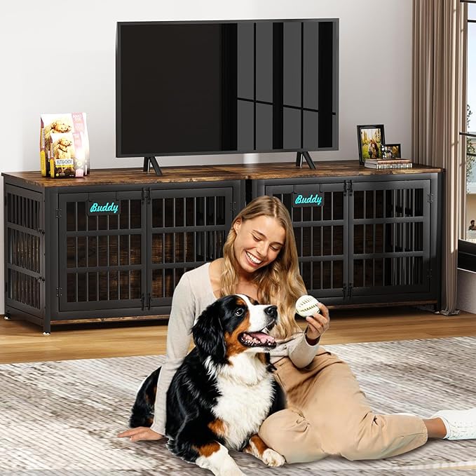 EasyCom 48"/42"/33" Dog Crate Furniture with Name Tag, Heavy Duty Dog Kennel Indoor for Large Dogs, Escape-Proof and Chew-Proof Dog Cage for high Anxiety Dog, Decorate House as TV Stand, End Table-Mewly Pet