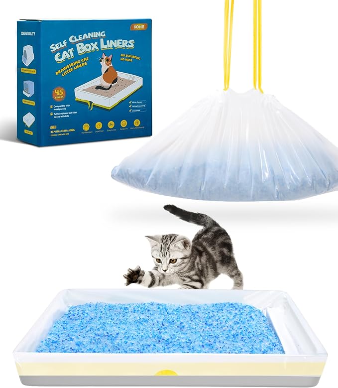KONE 45 Count Litter Box Liners, Pet* Scoopfree Self-Cleaning Box Liners, Automatic Kitty Litter Bags, Thickened & Leak-Proof Drawstring Cat Litter Waste Bags, Disposable Refill Tray Rectangle Bags-Mewly Pet