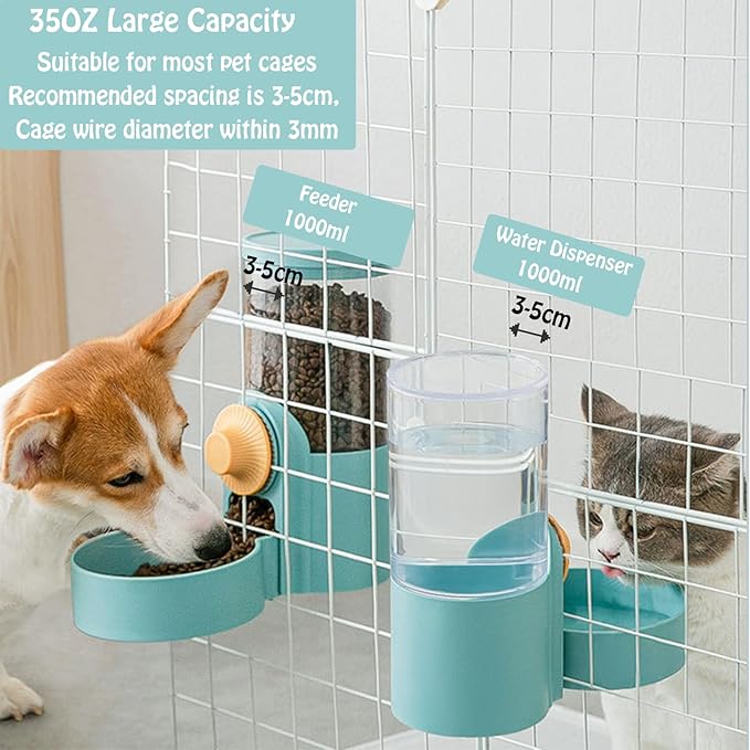 Hanging Automatic Rabbit Food Water Dispenser, Auto Dog Kennel Water Dispenser 35OZ Gravity Bunny Feeder, Dog Cage & Crate Water Dispenser for Rabbit Guinea Pig Hedgehog Ferret Kitty Puppy-Mewly Pet