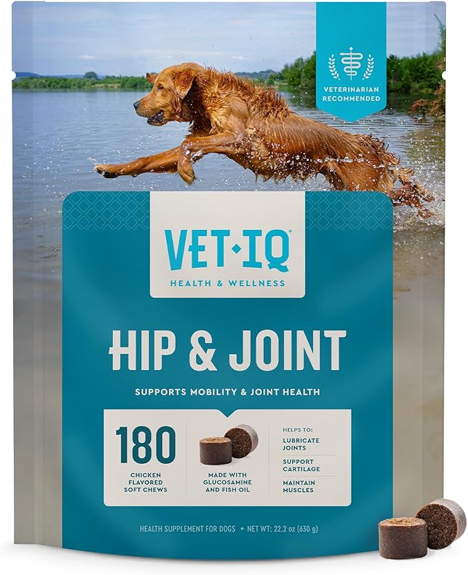 VetIQ Glucosamine Hip & Joint Supplement for Dogs, 180 Soft Chews, Dog Joint Support Supplement with MSM and Krill, Dog Health Supplies Large & Small Breed, Chicken Flavored Chewables-Mewly Pet