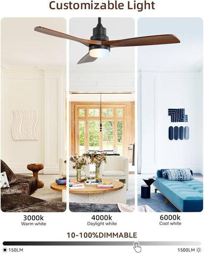 Sofucor 52 Inch Ceiling Fans with Lights and Remote Control, Modern Solid Wood Outdoor Ceiling Fan with Light for Bedroom Living Room Indoor Farmhouse Patio, Quiet DC Motor