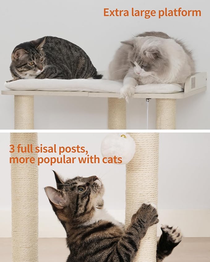 FourFurPets 26.7in Large Cat Tree Tower Condo, Cat Scratch Posts for Indoor Cats, Big Plate, Three 23.6in Full Sisal Scratching Posts, White-Mewly Pet