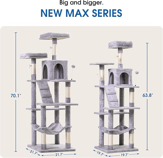 MWPO 70.1-Inch Large Cat Tree, Multi-Level Tall Cat Tower for Indoor Cats, Plush Cat Condo with Big Padded Perches, Sisal-Covered Scratching Posts, Hammock, Toys for Kittens & Cats - Light Grey-Mewly Pet