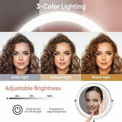 FASCINATE Rechargeable Wall Mounted Makeup Mirror with Lights and Magnification, 8 Inch Double Sided 1X 10X Magnifying Bathroom Mirror with 3 Color Lights & 360° Rotation Vanity Mirror - Nickel