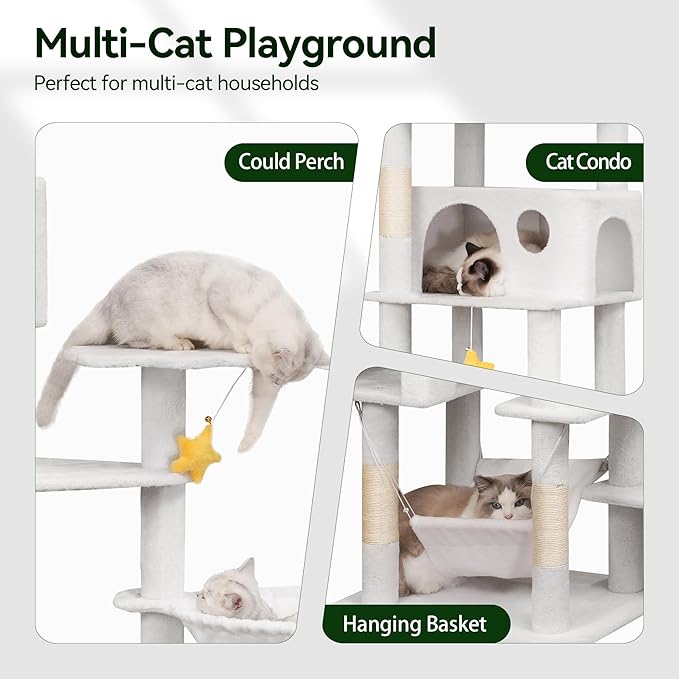 85in Tall Cat Tower for Heavy Duty Big Cats, Large Cat Tree with Scratching Post, Plush Perches, Cozy Cat Condos & Hanging Hammocks for Maine Coon, White-Mewly Pet