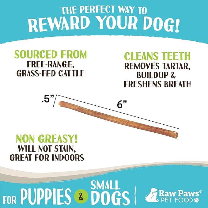 Raw Paws Standard Bully Sticks for Small Dogs, 6-Inch (10 Count) - Low Odor Junior Bully Chews - Free-Range Pizzle Sticks for Dogs - Single Ingredient Dog Chews - Rawhide Alternative - Long Lasting-Mewly Pet