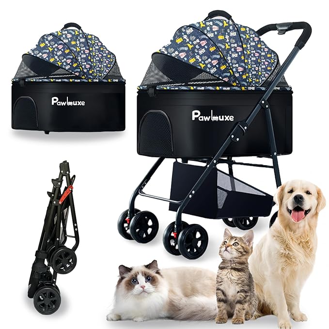 4 Wheels Pet Stroller 4 in 1 Pet Stroller with Detachable Carrier for Small & Medium Dogs Cats up to 55 lbs Easy-Folding Travel Dog Wagon with Car Seat Breathable Mesh,Blue Cartoon-Mewly Pet