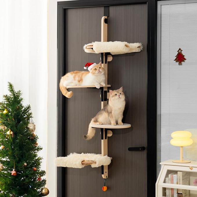 MEWOOFUN Cat Climbing Shelves Tree, 4-Levels Over Door Cat Climber for Jumping, Stable Cat Stairs Hammock for Kittens & Adult Cats (Wooden-65 H x 26.8” L x 13.8” W)-Mewly Pet