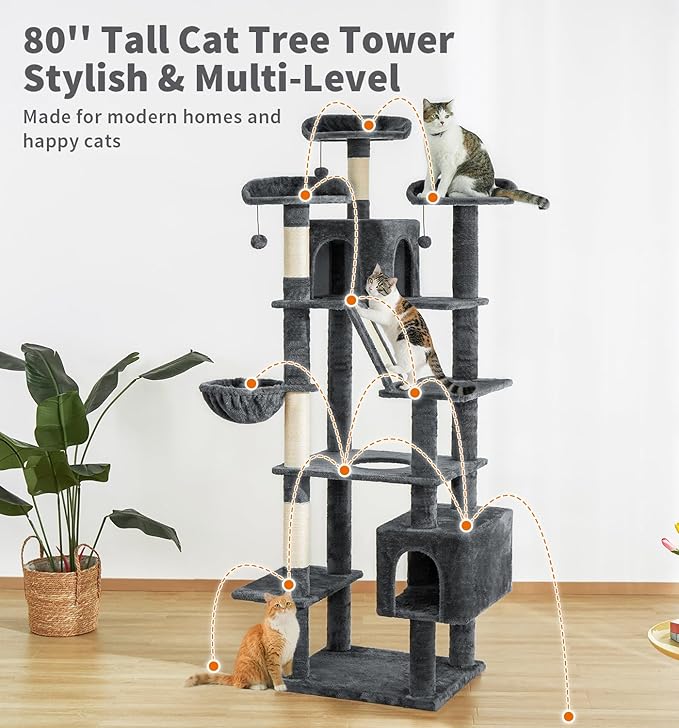 Made4Pets Tall Cat Tree, 80" Cat Tree Tower for Indoor Cats Large Adult, Modern Cat Tower with Scratching Post, Cozy Hammock, 3 Perches and 2 Condos, Sturdy and Fluffy, Dark Gray-Mewly Pet