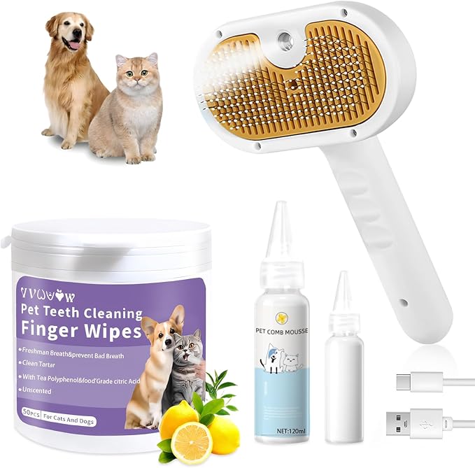 Pet Steam Brush for Dog & Cat – 3-in-1 Spray Hair Removal Comb – Steam Brush for Shedding & Grooming – Spritz Defur Comb – Includes Waterless Shampoo & Dental Wipes-Mewly Pet