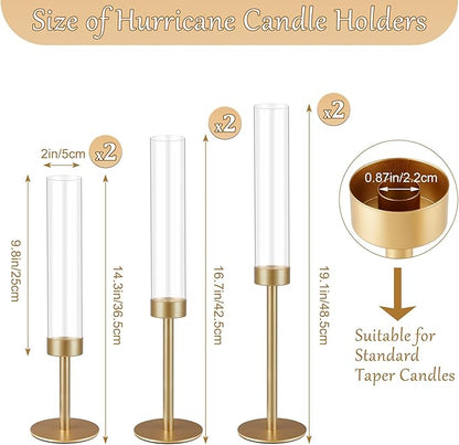 6Pcs Hurricane Glass Candle Holders Gold Candlestick Holders Taper Candle Holder with 9.8" Windproof Clear Cylinder Covers for Outdoor Indoor Tall Candle Stick Holder Decor for Wedding Party Fireplace