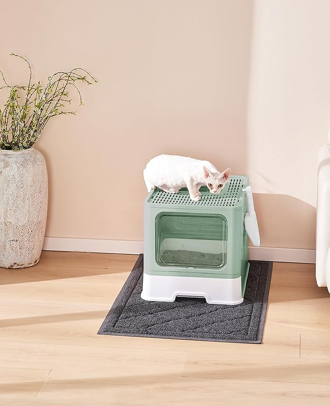 Cat Litter Box with X-Large Litter Mat and Scoop, Large Foldable Litter Box with Lid, Enclosed Kitty Box,Front Top Entry Exit, Odor Control Easy to Clean (Upgrade Green)-Mewly Pet