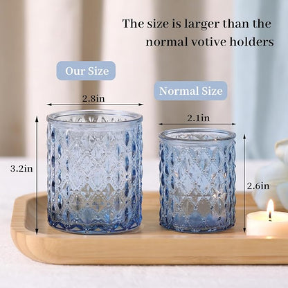 12Pcs Large Votive Candle Holders 2.8 * 3.2in Blue Tea Light Candle Holders Glass Candle Holder for Wedding, Bridal Shower, Table Centerpiece, Party, Home Decor