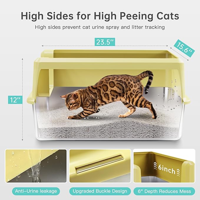 Stainless Steel Litter Box with High Side, XXL Extra Large Cat Litter Box for Big Cats & Multiple Cats, Non-Sticky, No Urine Leakage, Easy Clean Cat Litter Pan Include Scoop-Mewly Pet