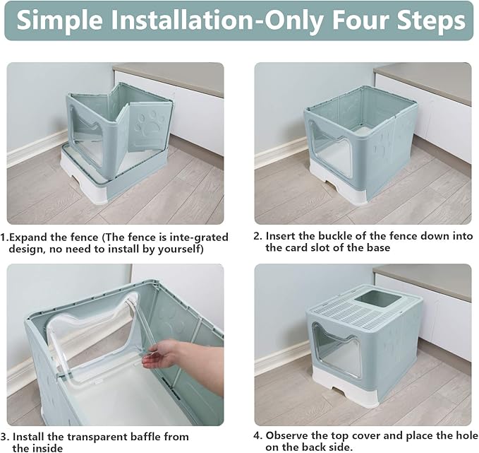 Foldable Cat Litter Box with Lid, Enclosed Potty, Large Top Entry Anti-Splashing Toilet, Easy to Clean Including Litter Scoop and 2-in-1 Cleaning Brush (Blue)-Mewly Pet