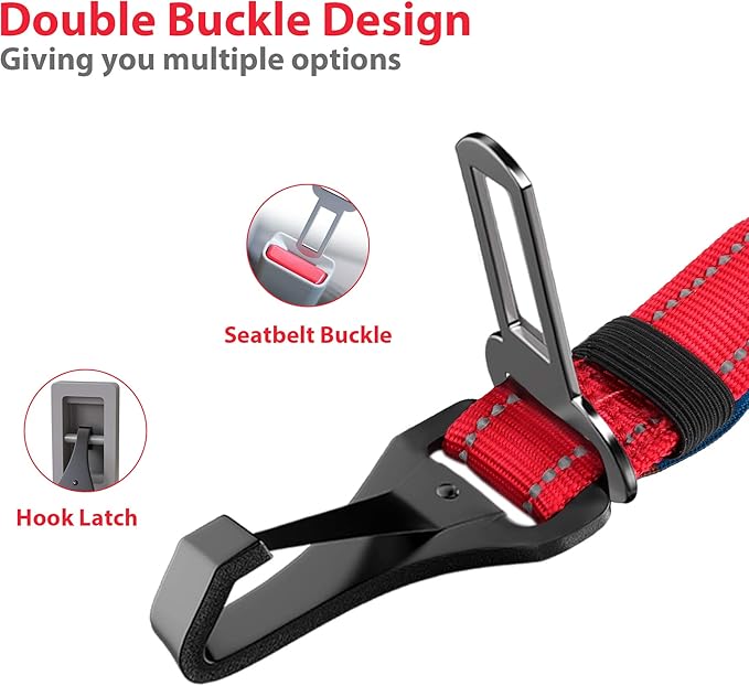 IOKHEIRA Dog Seatbelt, Updated Dog Seat Belt, Reflective Bungee Dog Car Harness, Multifunctional Pet Safety Belt with Hook Latch & Seatbelt Buckle, Swivel Aluminum Carabiner, Red-Mewly Pet