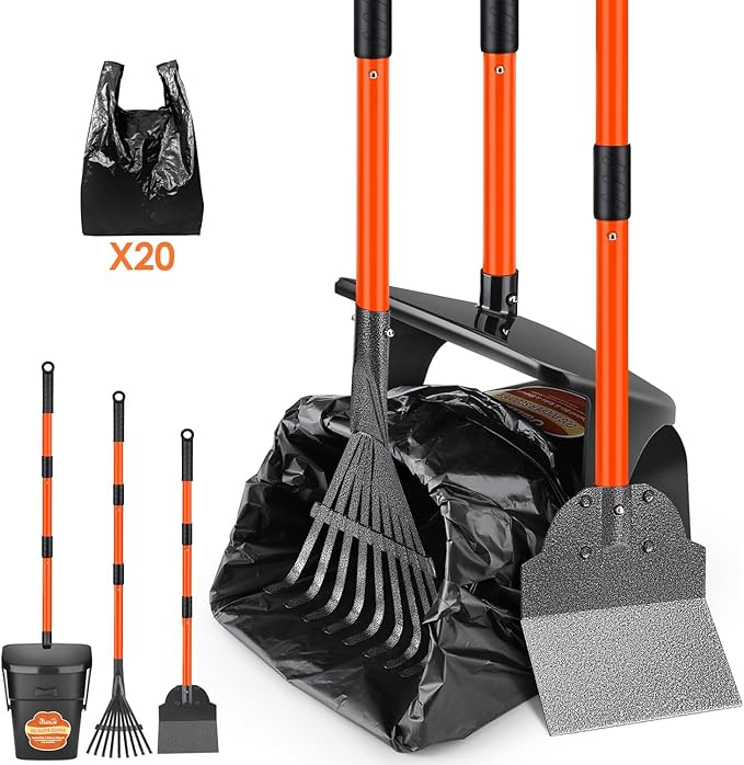 Lukovee Dog Pooper Scooper, 37.4" Long Adjustable Metal Handle Swivel Bin & Rake & Spade Kit with 20 Poop Bags, Portable Dog Non-Breakable Poop Scooper for Gravel Yard Lawn Grass, Orange-Mewly Pet