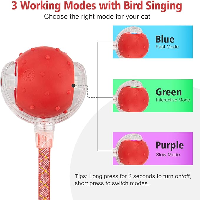 Red & Green Interactive Cat Toy Ball Combo – Automatic Agile Moving Cats Toys with 4 Tail Accessories, Bird Chirping & Motion Activated, Kitten Balls for Multi-Cat Households-Mewly Pet