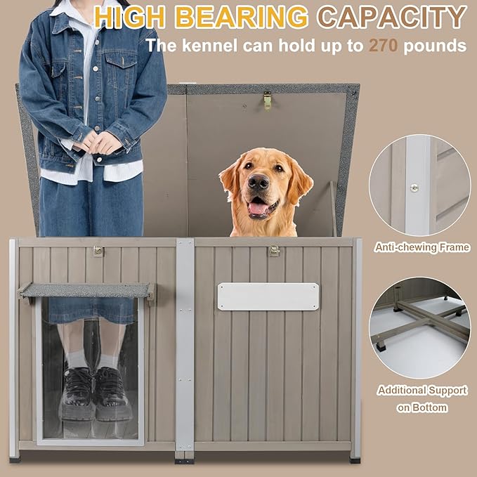 Weatherproof Outdoor Dog House, Wooden Puppy Shelter with Anti-Chewing Iron Frame and Elevated Floor, Sturdy Dog Kennel for Small, Medium & Large Dogs, Grey (Gray, 51" L x 29" W x 32" H)-Mewly Pet