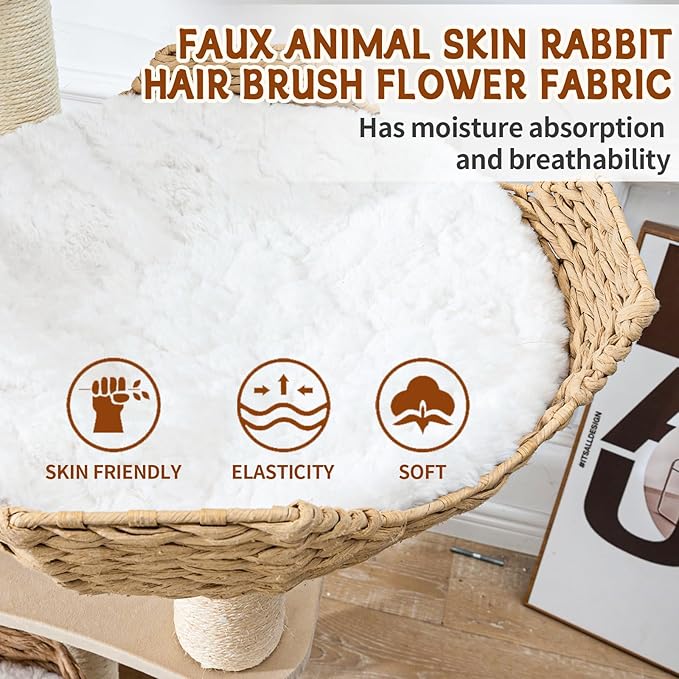 Big Modern Design Cat Tree Tower with White Cloud Mat, Unique Cat Supplies Tower with Scratching Post, Cute Wood Cat Tree Cat Furniture Activity Centre for Indoor Big Cats-Mewly Pet