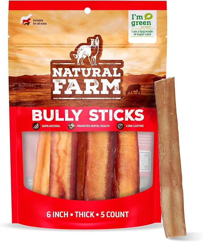 Natural Farm Odor-Free Thick Bully Sticks (6”, 5-Pack) All-Natural Long-Lasting Dog Chews, 100% Beef Pizzle, Grass-Fed, Grain-Free, Protein for Muscle Development & Energy, Perfect for Medium Chewers-Mewly Pet