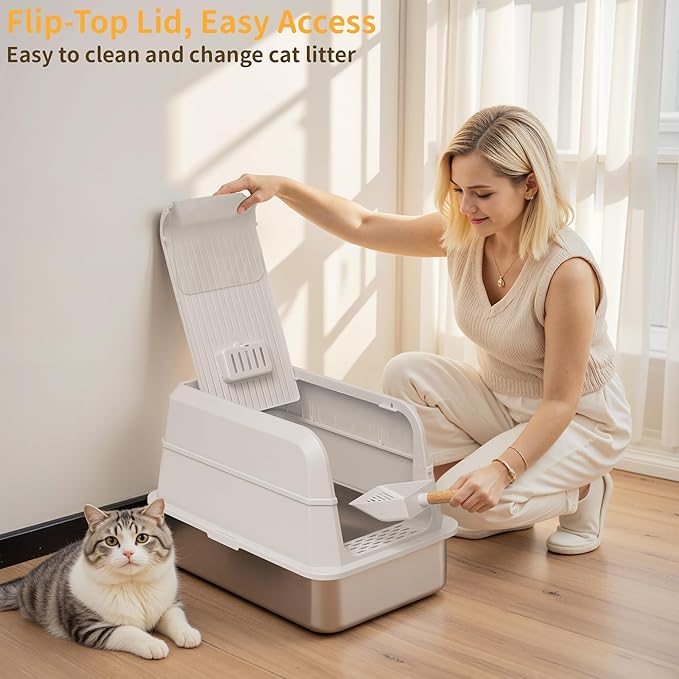 Stainless Steel Litter Box with Lid, XL Extra Large Cat Litter Box, Enclosed Metal Litter Pan with High Sided Enclosure & Scoop, Anti Leakage, Easy to Clean, Odor Control (White)-Mewly Pet