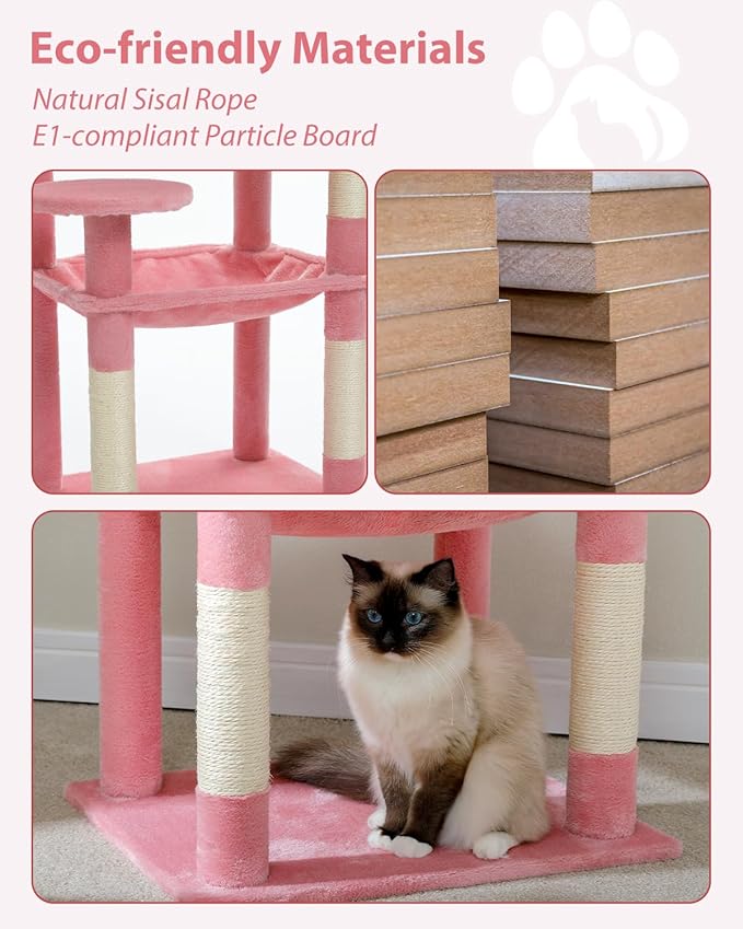 Cat Tree for Large Cats with Metal Plush Big Hammock, 56.3" Cat Tower for Indoor Cats with 2 Door Condo House, 6-Tier Cat Shelves with Scratching Posts and Large Top Perch, Pink-Mewly Pet