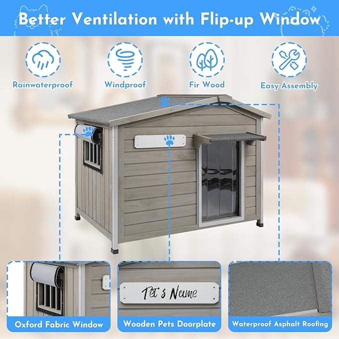 Outdoor Dog House Weatherproof Large Wooden Dog Kennel Indoor for Small Dogs with Chew-Proof Frame, Oxford Fabric Window, Removable Floor Pet Shelter (Grey, 40.1" D x 26.4" W x 28" H)-Mewly Pet