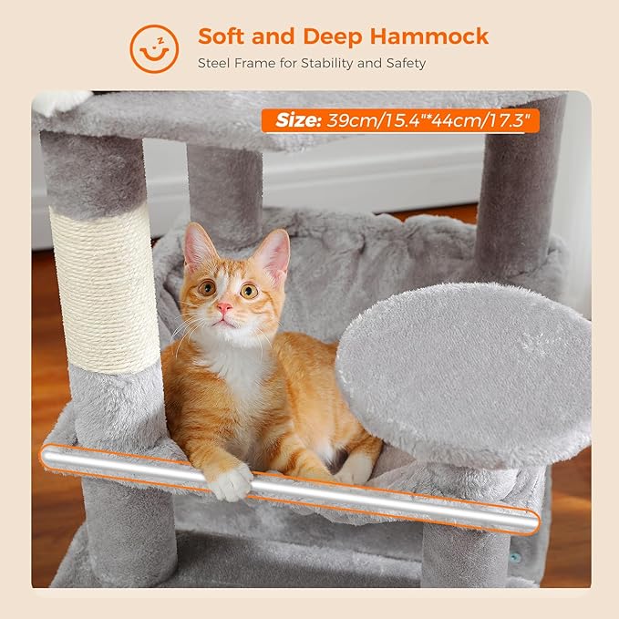 PAWZ Road Cat Tree, 53.5 Inches Tall Cat Tower with Spacious Hammocks, Condos and Scratching Posts, Cat House with Dual Padded Perches for Indoor Large Cats-Gray-Mewly Pet