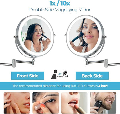 8" Rechargeable Lighted Makeup Mirror, 1X/10X Magnification with 3 Color Touch Dimmable Lights, 360° Rotating Double-Sided Wall Mount Mirror (Chrome) – Fab Glass and Mirror