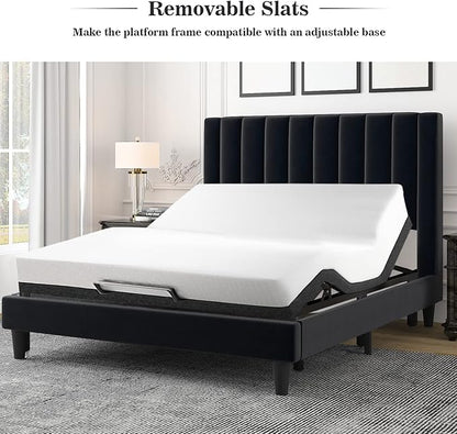Allewie Full Bed Frame/Velvet Upholstered Bed Frame with Vertical Channel Tufted Headboard/Strong Wooden Slats/Platform Bed Frame/Mattress Foundation/Box Spring Optional/Easy Assembly/Black