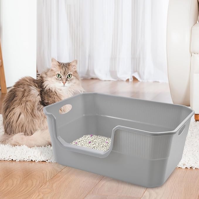 Large Open Cat Litter Box Low Entry,High Sided Cat Litter Pan Anti-Splashing Plastic Kitty Box Grey Kitten Pan with High Wall Easy Clean-Mewly Pet