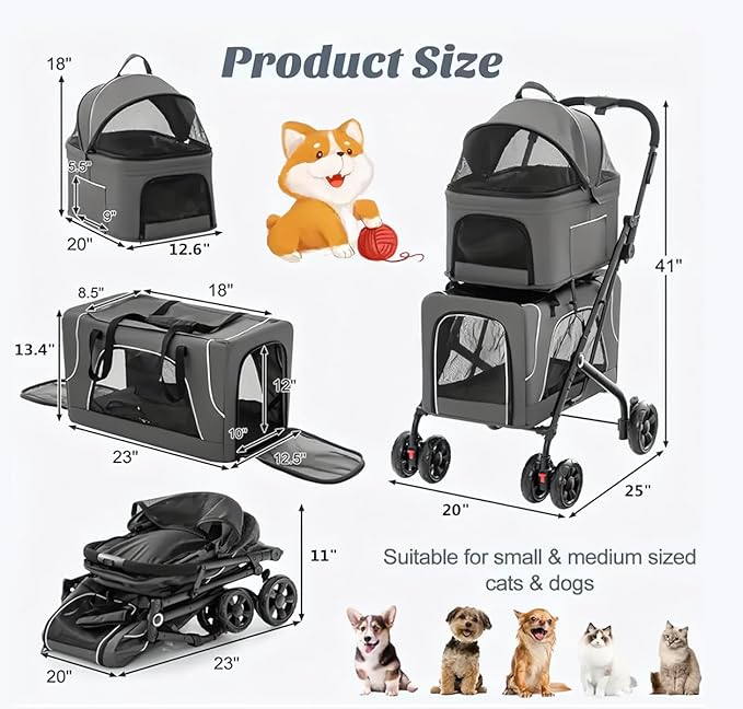Pet Stroller with 2 Detachable Carriers, Foldable, Spacious Interior, Large Capacity, Durable Construction-Mewly Pet