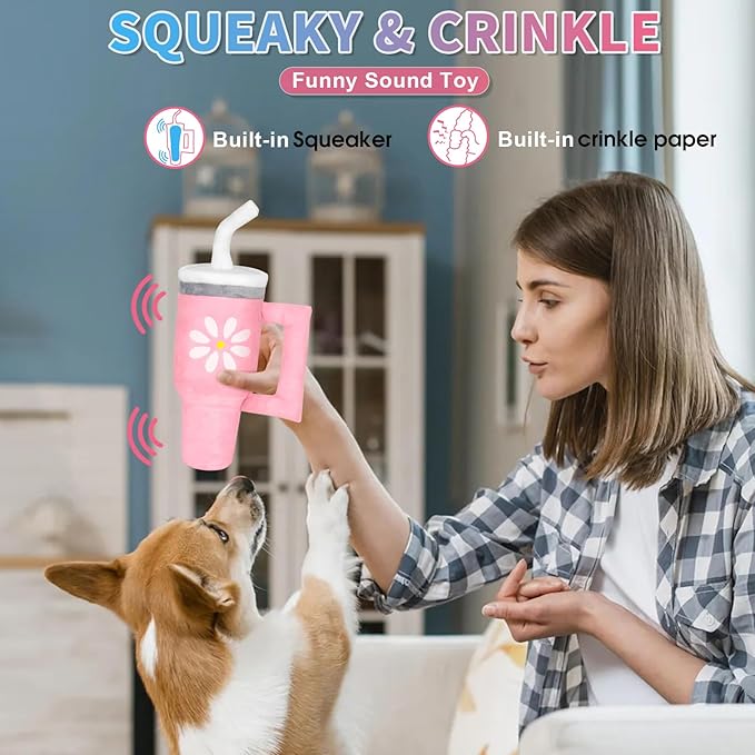 Squeaky Dog Toy - Crinkle Pup Cup Tumbler Plush Dog Toy with Cute Daisy Design for Small Medium Breeds, Funny Interactive Puppy Birthday Gift (Pink)-Mewly Pet
