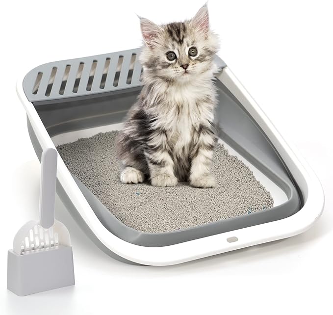 Foldable Cat Litter Box, Large Height-Adjustable Anti-Splash Open Air Kitty Litter Pan, Easy Clean with Scoop (Gray)-Mewly Pet