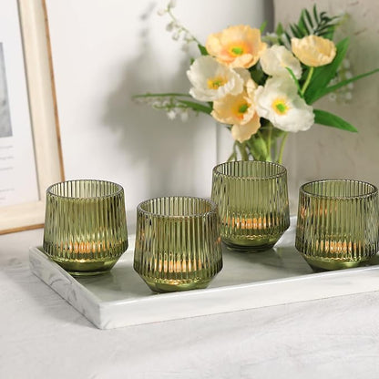 LAMORGIFT 12 Pcs Large Green Ribbed Glass Tea Light Holders - 3.15" x 3.15" - Green Wedding Decor, Table Centerpieces
